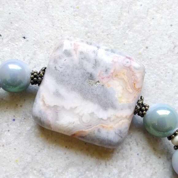 Crazy Lace Agate! Bracelet & Earring Set ~ Smokey Blue/Grey, Cream & Tangerine - Picture 8 of 11